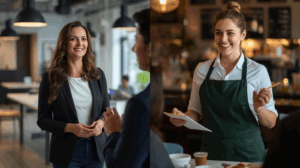 Professional Woman holding a conversation versus a woman in a restaurant taking an order. 