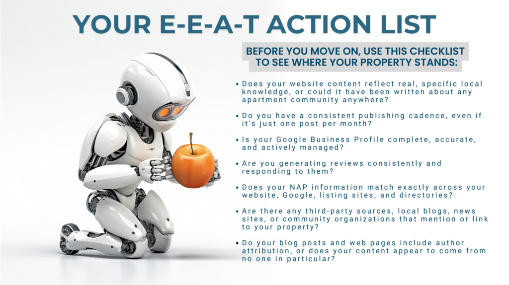 EEAT checklist with robot looking at apple.